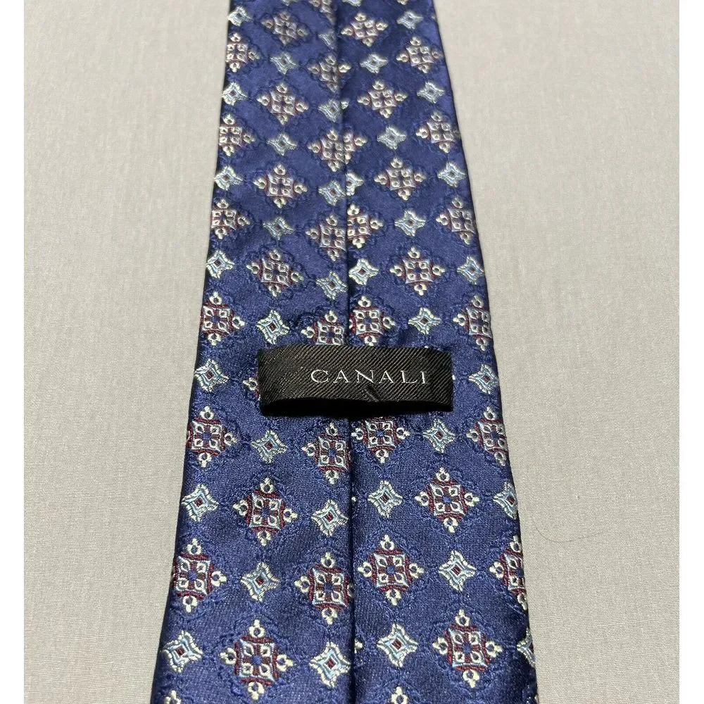 Mens Canali‎ Dark Blue Square Neat Print 100% Silk Neck Tie Made In Italy